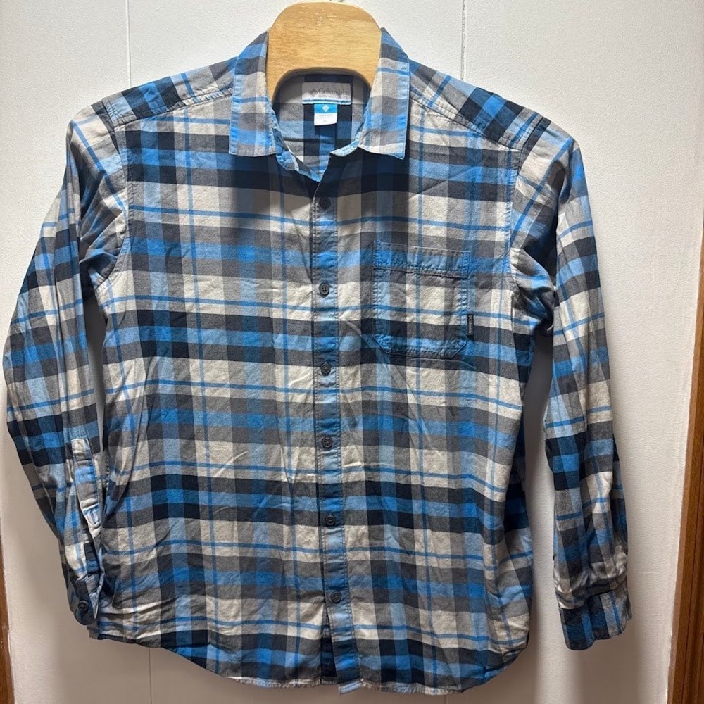 Columbia Mens Blue Grey Plaid Long Sleeve Button Down Cotton Shirt Size XL